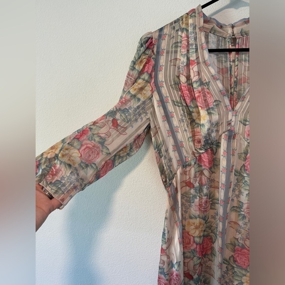 Anna Sui Whisper Rose Floral Striped Asymmetrical Puff Sleeves Cream Dress 6 - Picture 5 of 16